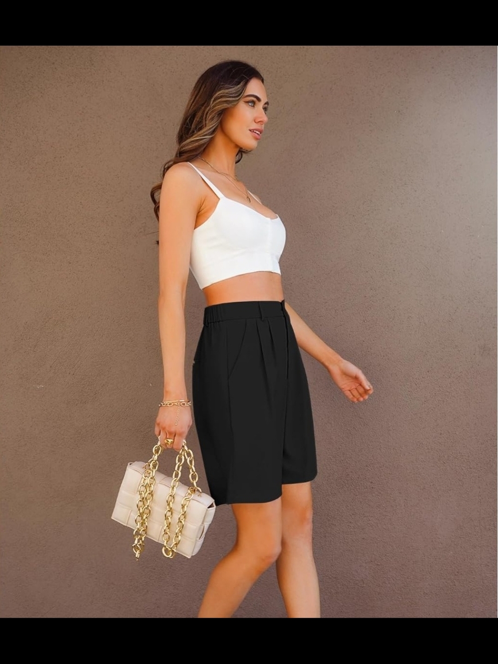 Summer Black Bermuda Shorts with Elastic Waistband - Picture 7 of 12